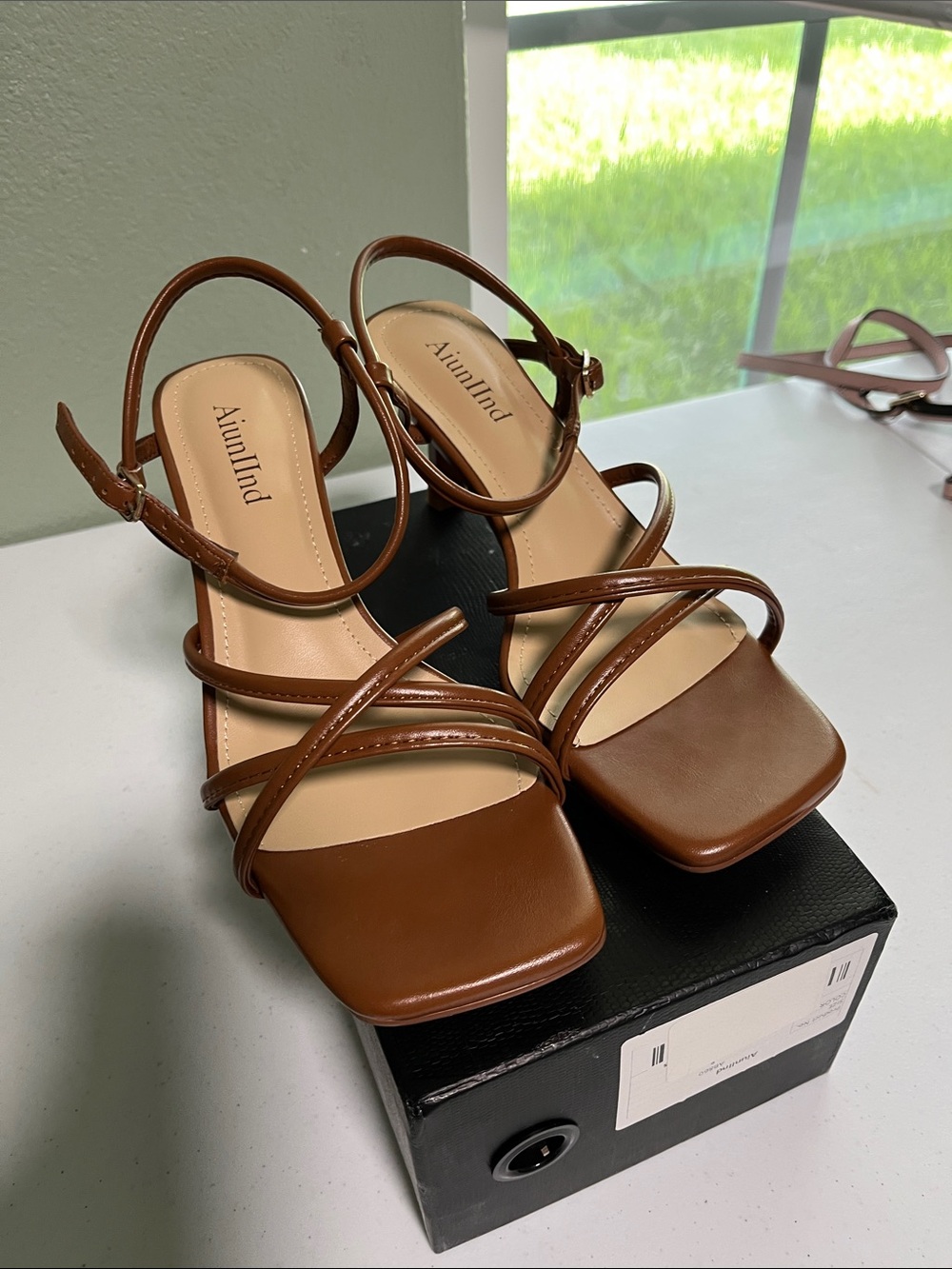 Amazon Brown Strappy Square-Toe Heeled Sandals